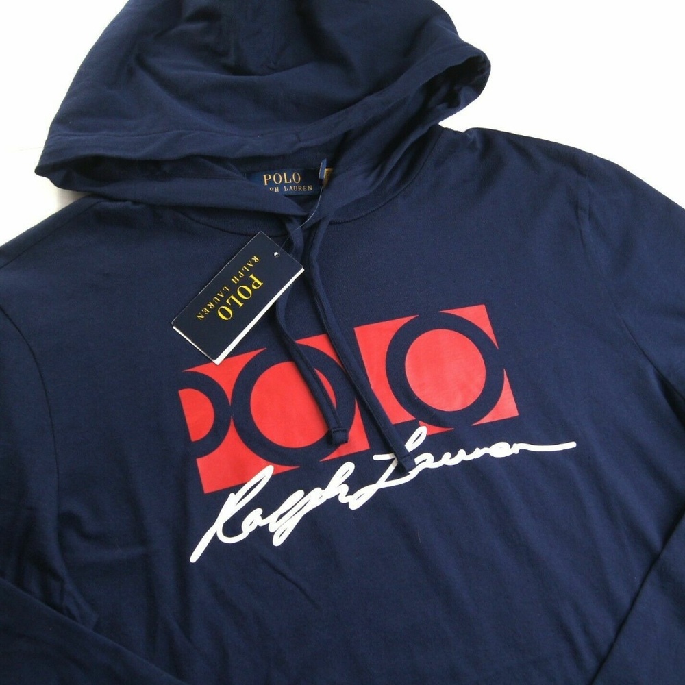 Polo Ralph Lauren Graphic Logo Navy Blue 2XL Jersey Pullover Hooded T-Shirt